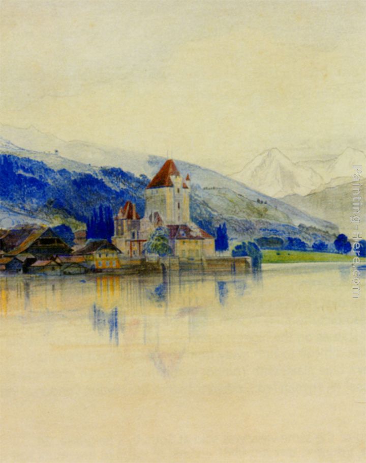 Lake Thun with the Schloss Oberhofen painting - Edward Lear Lake Thun with the Schloss Oberhofen art painting